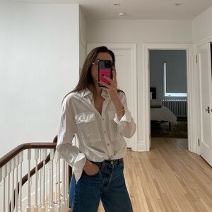 White Linen Button-Up Blouse Shirt